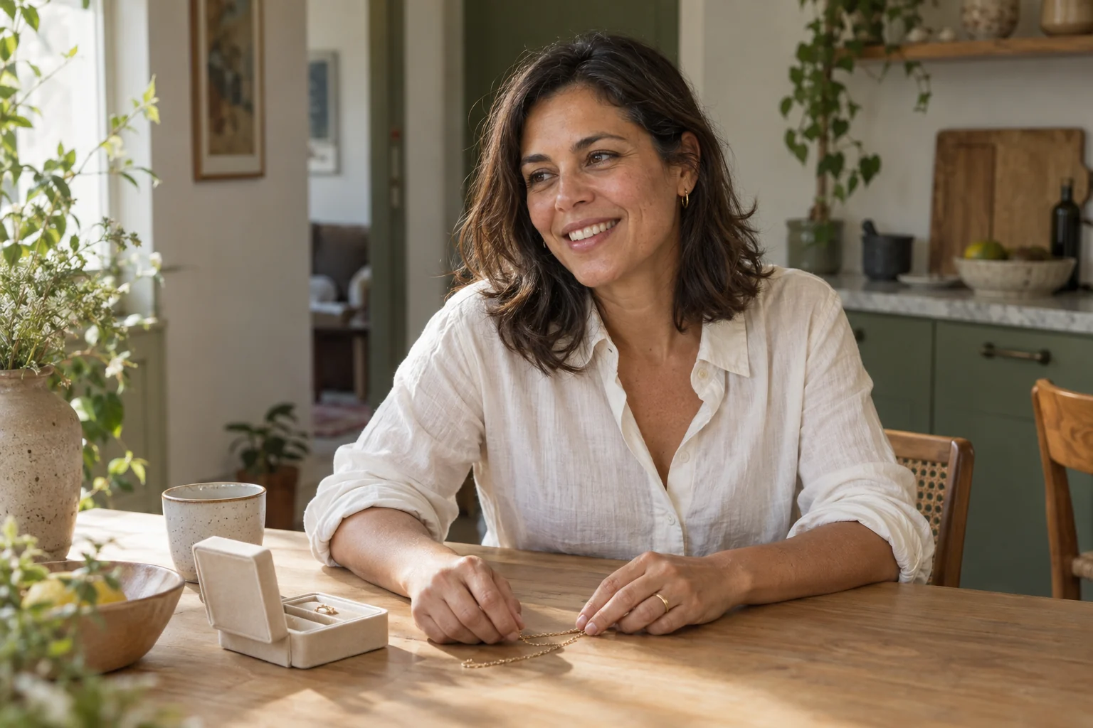 Mulher em uma conversa casual sobre joias à mesa de casa